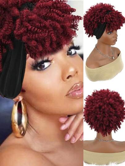 Curly Wigs For Black Women, Headband Wigs With Bangs, Synthetic Short Afro Kinky Curly Wig With Headband Attached, Drawstring High Afro Puff Brown Curly Wig Turban