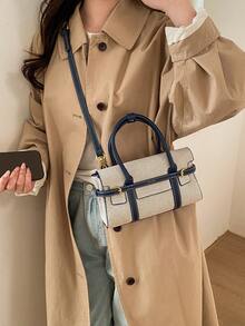 Women's Stylish Color-Blocked Canvas Tote Bag, Large Capacity Retro Patchwork Commuter Handbag - Black - View 3