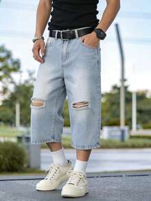 Nuevos pantalones cortos vaqueros sueltos y casuales de hombre con lavado azul desgastado y rasgados de moda para el verano - Lavado ligero - Ver 5