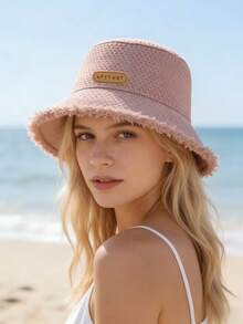 1 Piece Of Unisex Spoof Tag Custom Knitted Hat Bucket Hat Outdoor Casual Sun Hat - Small Leather Label Frayed Fisherman's Hat - View 2