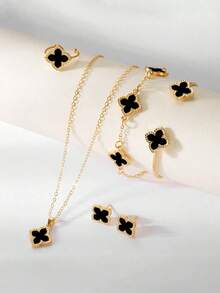 6件套简约四叶草首饰套装，包括项链、耳环和手链，适合派对、度假、送礼和日常佩戴。 - 黑色 - 查看 3