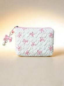 Cute Bow & Heart Shaped Cosmetic Bag With Wrist Strap, Large Capacity Makeup Organizer Pouch Doubles As Travel Bag, Elegant Gold-Tone Hardware (Black/White/Pink) - Perfect Gift Choice - Multicolor - View 14