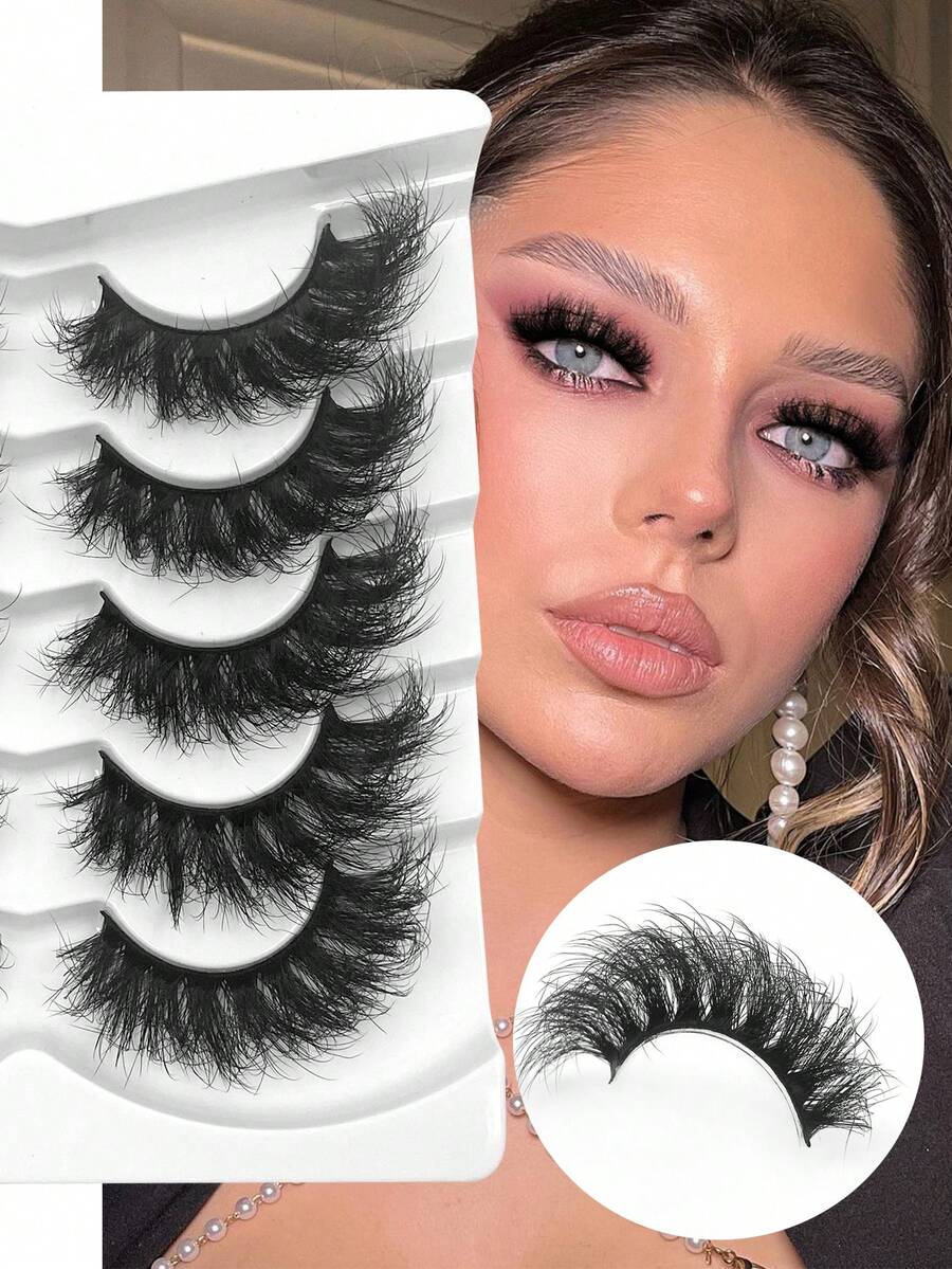 5 pares de pestañas postizas dramáticas y esponjosas ENCHUW, pestañas falsas de visón sintético largas, gruesas y voluminosas, pestañas postizas reutilizables para maquillaje - Negro - Ver 1