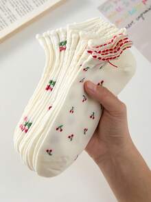 5 Pairs Cherry Pattern Women's White Lace Trim Ankle Socks, Non-Slip Breathable, Suitable For Spring And Summer - White - View 3