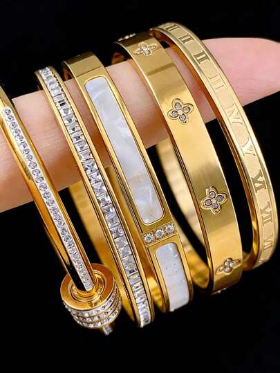 1件/3件装不锈钢极简主义手镯，饰有罗马数字/四叶草水钻，男女皆宜的奢华日常/商务佩戴配饰，理想的情人节礼物