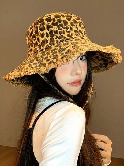 1pc Leopard Print Frayed Brim Wide-Brimmed Fisherman's Hat For Women, Spring And Summer Retro Fashion Bucket Hat, Face-Slimming, Versatile Outdoor Sun Hat