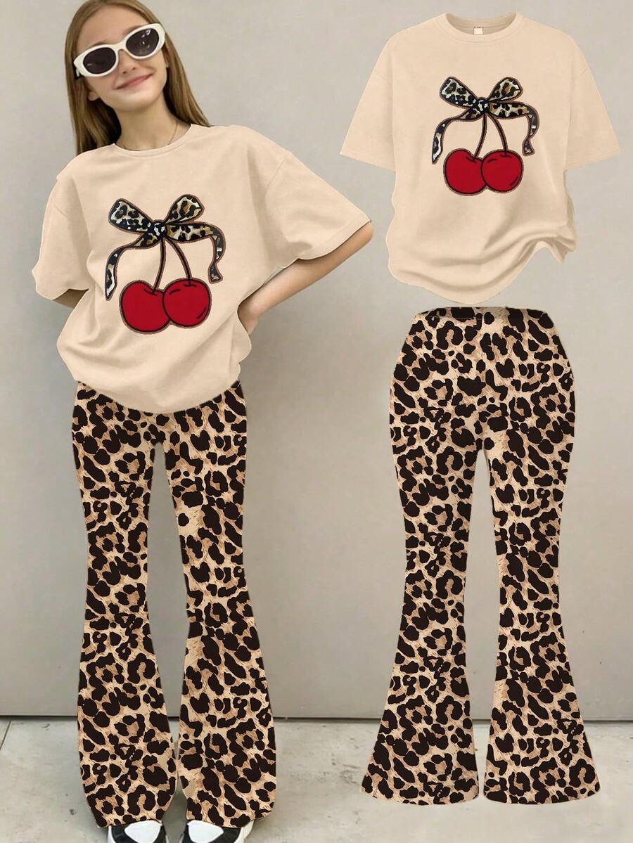 2 Stücke Mädchen Leopard- und Kirschprint Kurzarm T-Shirt und Weite Hose Set, modisches Lässig Outfit geeignet für Frühling/Sommer - Verschiedenfarbig - Übersicht 1
