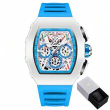 ONOLA品牌男士计时石英表，酒桶形表盘，运动防水腕表，乳白色硅胶表带，自动日期显示 - 白色 - 查看 15