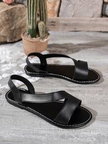 Casual Solid Color Flat Sandals For Beach & Summer - Black - View 6