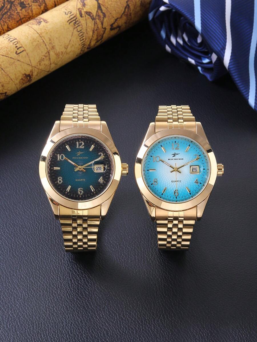 RICECGO 这款时尚男士商务腕表采用不锈钢表带和渐变表盘，尽显精致优雅。它还具备实用的日期显示功能，商务和休闲场合均适用。 - 金色 - 查看 1