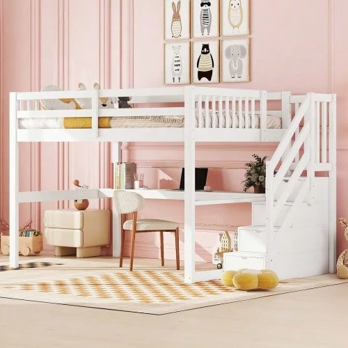 Children's Loft Bed, 140 X 200 Cm, With Storage Drawers And Desk Under The Bed, White - White - View 1
