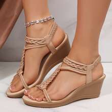 Women's Open Toe Wedge Sandals Braided Strap Adjustable Ankle Summer Casual Daily Wear Office Outings Beach Shoes Platform Bohemian - 杏色 - 查看 6