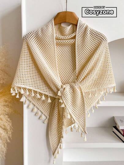 1pc Elegant White Hollow Triangle Shawl, Minimalist Design, Fashionable Knitted Scarf Wrap With Tassel Decor, Versatile For Spring/Autumn Daily Wear