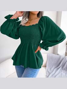 Long-Sleeved Chiffon Blouse With Ruffles And Square Neckline | Casual Style, New Spring/Summer Collection - 綠色 - 查看 6