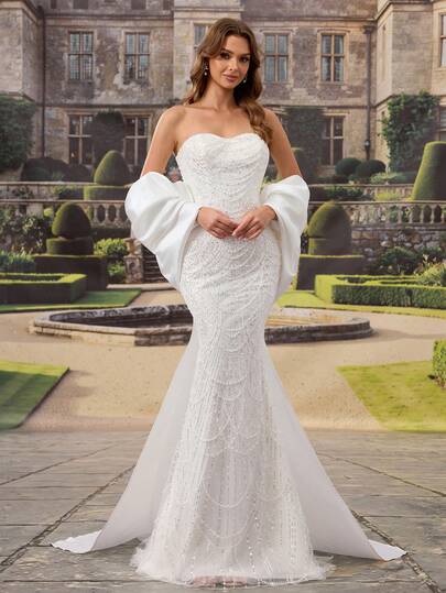 HEARBOBO Elegant Beaded Puff Sleeve Wedding Dress, Suitable For Bachelorette Party, Wedding, Graduation Ceremony, Vacation, Bridal Gift