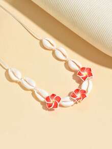 1pc Personalized Beaded Shell Adjustable Necklace, Beach Style For Women, Suitable For Vacation, Party And Daily Wear - Red - View 3