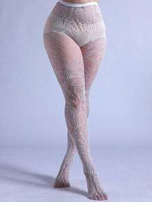 1pc Plus Size Jacquard Fishnet Stockings, Floral Hollow Out Leggings, & Fashionable, Suitable Party, Home, Office, Halloween, Y2K, Gothic Style, Back To School - 白色 - 查看 2
