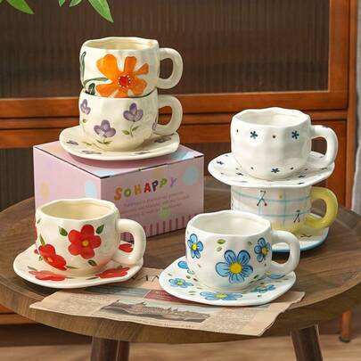 11.8 Oz Vintage Floral Ceramic Cup & Saucer Set, Tulip, Heart, Bow, Swallow Pattern Mug, Microwave & Dishwasher , Multipurpose Coffee/Breakfast Cup, Great For Student, Office, Home, Cafe, Party, Gift For Girlfriend, Mom