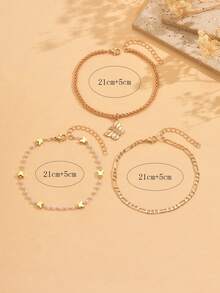 3pcs Delicate Faux Pearl Butterfly Beaded Chain Anklet Set, Versatile Daily Wear For Teenagers, Handmade Chain Can Be Cut To Desired Length, Faux Pearl Quantity Not Fixed - Gold - View 4