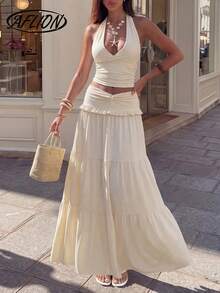 Aflion 女士高腰褶皱层叠长款连衣裙 - 法式复古甜美风格，适合夏季海滩、度假、约会、乡村等场合 - 黃色 - 查看 3