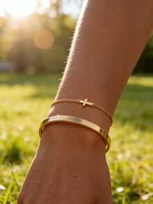 2pcs/Set Gold Stainless Steel 18K Gold Plated Cross Pendant Bracelet & C-Shape Bangle Set, Men's Business Minimalist Versatile Suitable For Daily Wear, Sports, Dates, Holidays - Gold - View 3