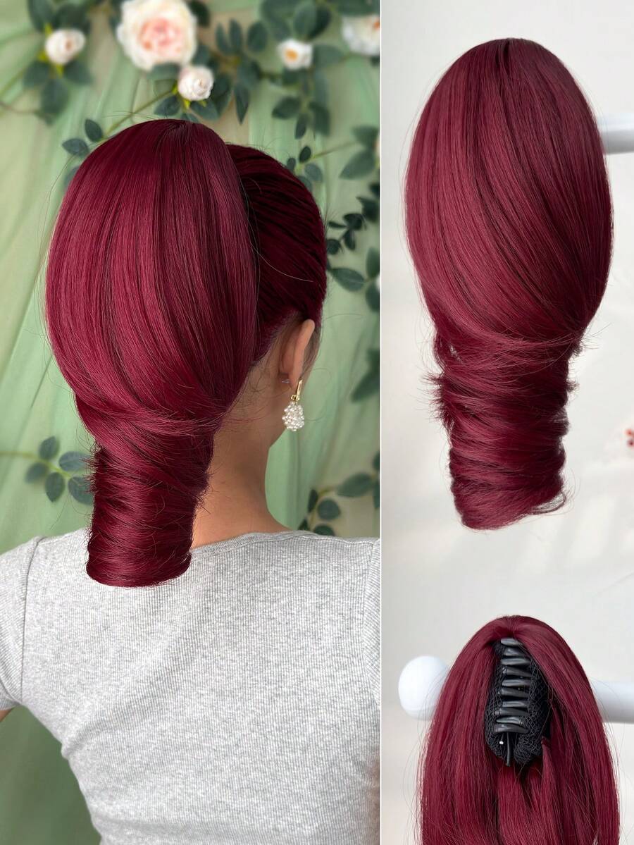 10-12 Inch Red Deep Wave Thermoplastic Fiber Synthetic Ponytail, Claw Ponytail Holder, Suitable For Women Party And Daily Use