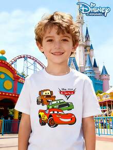 Disney Cars T-Shirts, Boys' Tops, Children's Spring/Summer Tops, Lightning McQueen Tops, Trailer Mater Print Tops, #95 Racing Car T-Shirts, The Best Choice For Children's Birthday Gifts. - 白色 - 查看 1