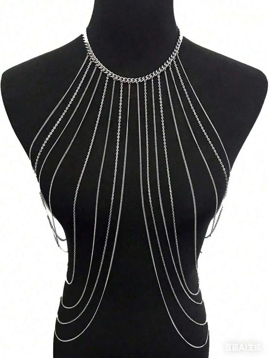 1pc Silver Body Chain Jewelry, Suitable For Beach Vacation Wear - Silver - View 1