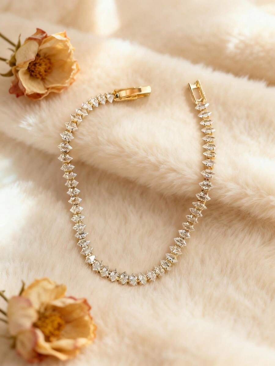 14K镀金立方氧化锆网球手链，马眼造型