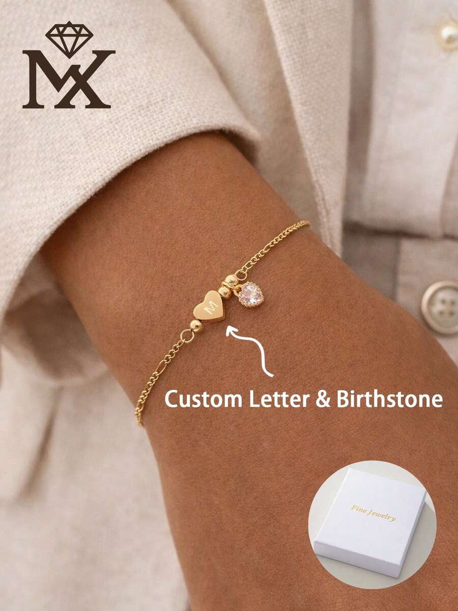 Personalized Heart Initial Bracelet With Pink Zirconia, 18K Gold Plated Figaro Chain, Custom Letter Dainty Bracelet For Her, Mother's Day Gift - Yellow Gold - View 1