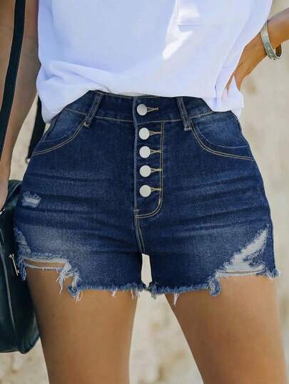 Shorts vaqueros casuales para mujer con detalles rasgados y botón delantero, pierna recta con estiramiento medio, perfectos para uso diario
