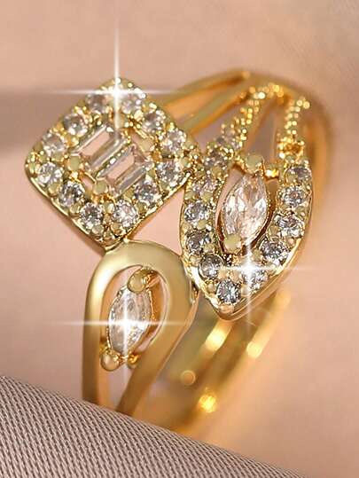 1pc Vintage Court Style Geometric Cubic Zirconia Single Rings, Luxury Multilayer Gold Adjustable Ring, Suitable For Birthday Banquet, Daily Wear And Various Occasions