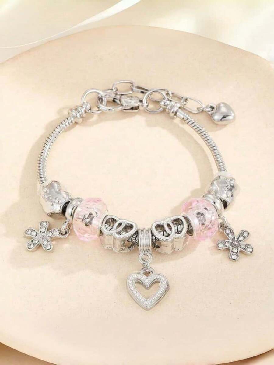 1件装时尚百搭女士DIY串珠畅销合金熊心形水晶花朵吊坠铜链手链 - 奢华女士魅力饰品，适合日常和派对佩戴 - 彩色 - 查看 1