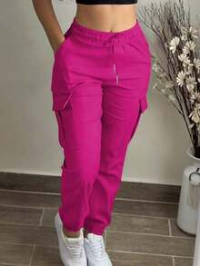 Women's Fashion Elegant Solid Color Casual Pocket Elastic Waist Drawstring Cargo Pants - Màu Hồng Tươi - Xem 3