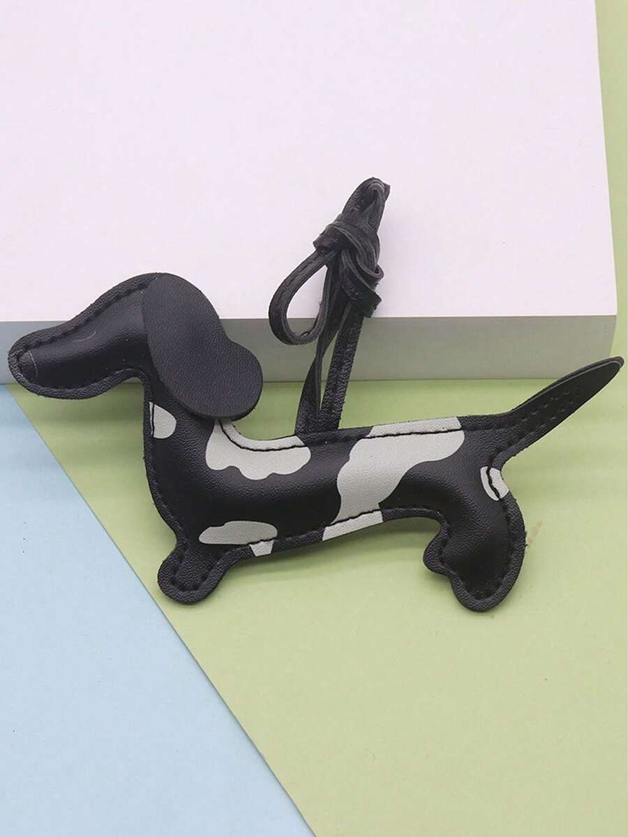 1pc PU Leather Dachshund Keychain - Handmade Cartoon Dog Bag Charm, With Cute Puppy Design, Suitable For Keys, Backpacks Or Car Accessories, Packaging Decor | Cartoon Dog Design | Colorful Keyring, Dog Accessories - 黑色 - 查看 1