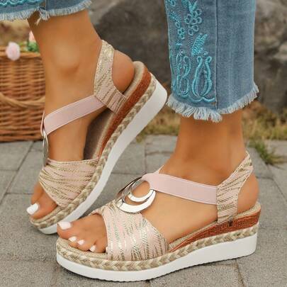 Women's Thick Sole Wedge Slip-On Sandals, Colorful Printed Elastic Strap Platform Sandals