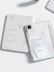 A Cute Cartoon White Bow Letter Pattern Double-Sided Acrylic Transparent Crystal Back Cover, Shock-Absorbing, Suitable For IPad 7th, 8th, 10th Generation (10.2 Inch), Built-In Pen Slot, Support Sleep/Wake Function, Ideal Gift Choice - Multicolor - View 2