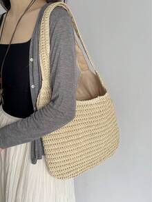 Summer Handmade Woven Straw Tote Bag, Women's Shoulder Bag, Casual Vacation Style, Large Capacity - Multicolor - View 6