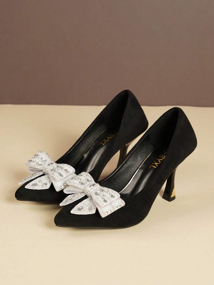 闪亮水晶蝴蝶结尖头细高跟鞋，派对及婚礼鞋 - 黑色 - 查看 1