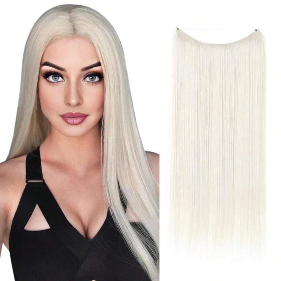 SARLA Invisible Wire Hair Extensions Platinum Blonde Long Straight Synthetic Hairpieces Adjustable Headband 22 Inch For Women Heat Resistant Fiber No Clip - ColorJ - View 1