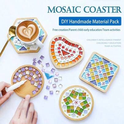 1 Set Kit para hacer posavasos de mosaico DIY, incluye piezas de vidrio de colores y base de posavasos de bambú - Juego de manualidades de decoración del hogar hecho a mano, materiales de artesanía de escritorio para adultos, regalo ideal para el Día del Padre, Día de la Madre/Cumpleaños (para entusiastas de la artesanía) Paquete de herramientas y materiales para artesanía de mosaico, regalo DIY asequible