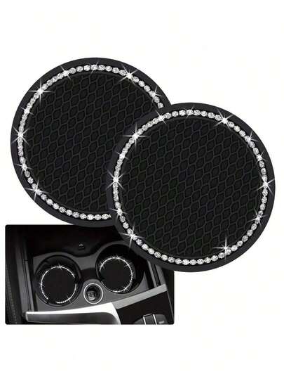2 Pieces Of Glossy Black Silicone Car Cup Mats, With Crystal Rhinestone Edges – 2.75inch Non-Slip Design, Compatible With Car Cup Holders, A Fashion Accessory Specially Designed For Women And Girls, Car Cup Mats