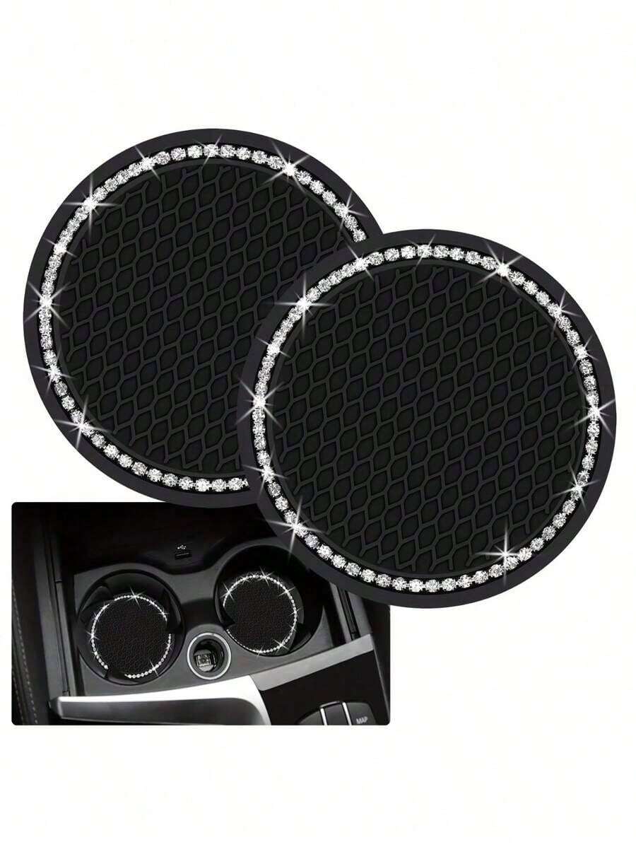 2 Pieces Of Glossy Black Silicone Car Cup Mats, With Crystal Rhinestone Edges – 2.75inch Non-Slip Design, Compatible With Car Cup Holders, A Fashion Accessory Specially Designed For Women And Girls, Car Cup Mats - 彩色 - 查看 1