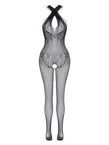 女士蕾丝连体袜，性感渔网内衣，浪漫睡衣 - 黑色 - 查看 9
