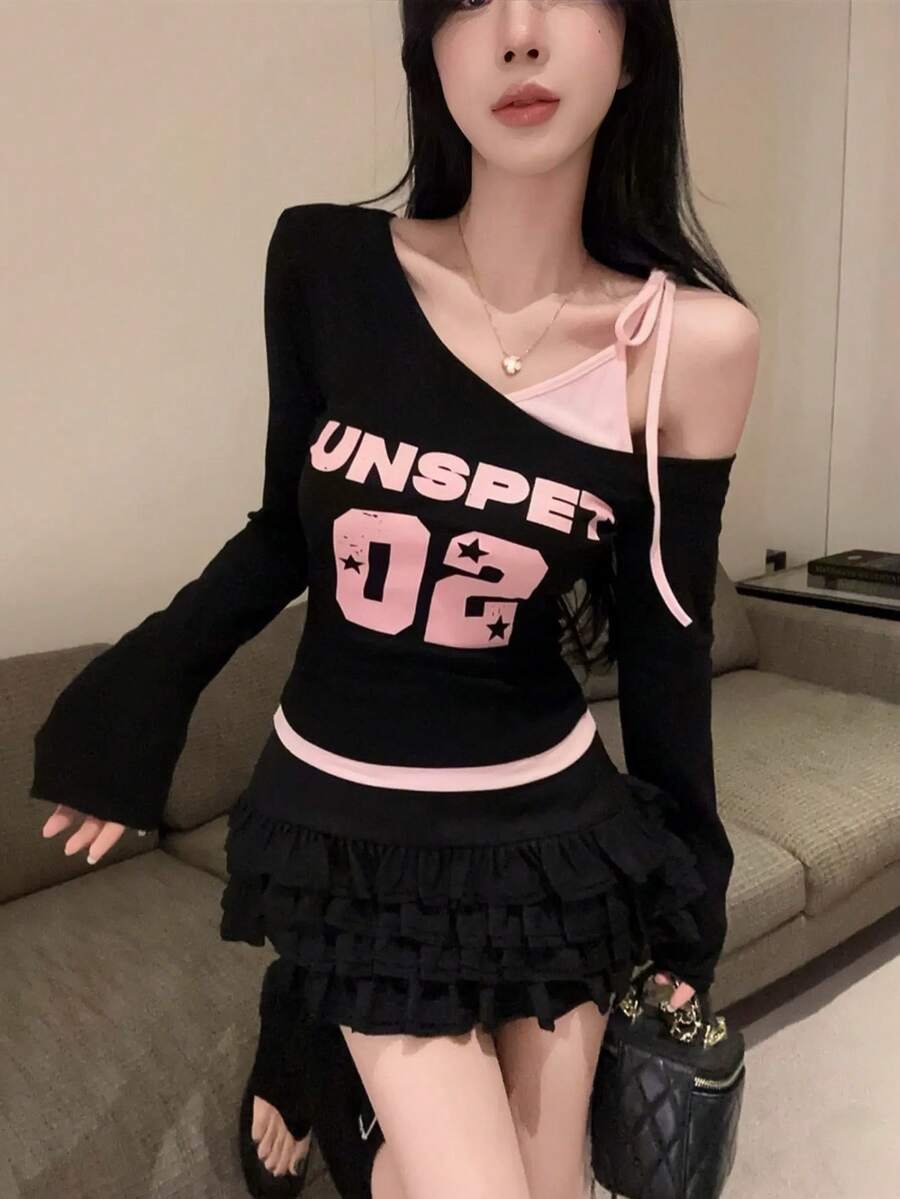 Asymmetric Collar Color Block Long Sleeve T-Shirt, Sweet & Sexy Girl Print Fitted Blouse For Women, Spring/Summer Black - Black - View 1