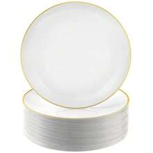 1pc White Base Gold Rimmed Round Cake/Dessert Plate Set, Includes (7.5"/10.25" Side Plate) And Premium Fruit Salad Bowl, Reusable And Easy To Clean. Ideal For Weddings, Valentine's Day, Birthdays And Holiday Gatherings - White Background - View 10