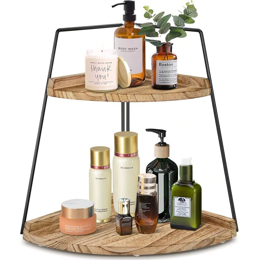 2 Tier Corner Storage Shelf Counter Standing Rack, Bathroom Counter Organizer, Wood Bathroom Organizer Countertop, Cosmetic Vanity Tray Kitchen Spice Rack, Bathroom Storage Decor - 烤色 - 查看 1