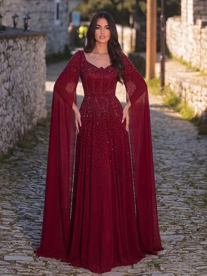 Faeriesty Luxury Beaded Long Formal Dress - V-Neck Fitted Bodice, Shoulder To Wrist Adorned With Rhinestones, Draped Shawl Collar, A-Line Skirt With Elegant Train - Ideal For Formal Galas, Red Carpet Events, Weddings And Upscale Soirees. Party