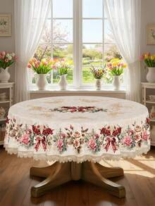 1pc Spring Floral Tablecloth, Vintage Rose Print With Red Bow And Lace Trim Tabletop Cover, Suitable For Spring And Mother's Day Themed Gatherings, Waterproof And Stain-Resistant Polyester Tablecloth For Kitchen And Dining Room, Spring Brunch And Mother's Day Party Supplies - Multicolor - View 4