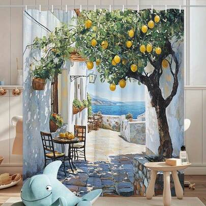 1件地中海柠檬树露台浴帘 - 鲜艳的数码艺术印花，饰有乡村餐桌和海景，70x70英寸可水洗浴室装饰，含12个挂钩，海景图案